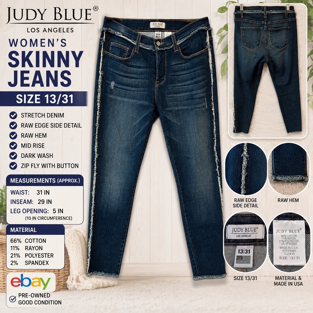 Judy Blue Women Dark Wash Skinny Jeans Raw Edge Side Detail 13/31 Style 8392